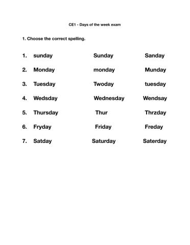 Spelling Days of the Week