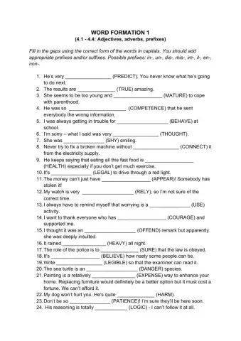 WORD FORMATION  (4.1 - 4.4: adjectives, adverbs, prefixes)