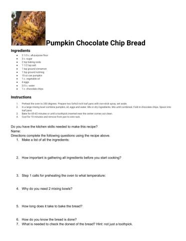 Pumpkin bread Skill Sheet