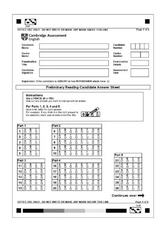 Answersheet Reading part PET 2020