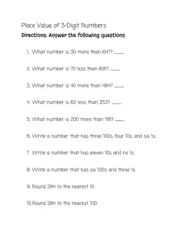 Place Value of 3 digit numbers