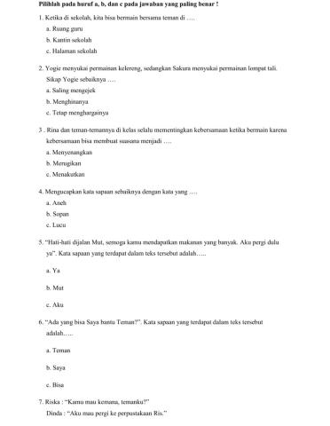 Soal Evaluasi Kelas II Tema 7 Sub Tema 3 PB 4