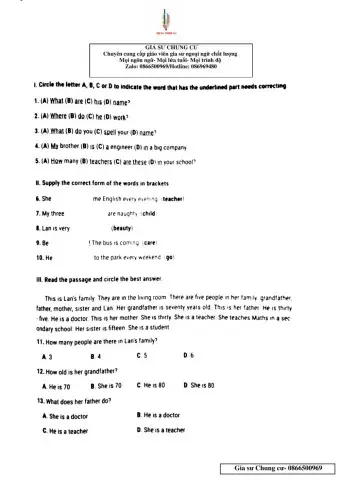 Lớp 6- Bài kiểm tra 15p unit 1,2,3