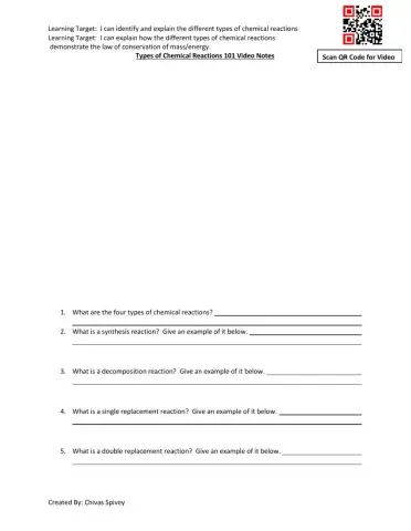 Types of Chemical Reactions Video notes with video and quiz