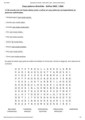 Caça palavra divertido - Sufixo OSO - OSA