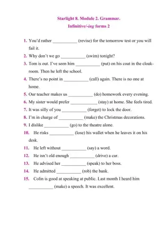 Starlight 8 Module 2. Grammar. Infinitive--ing forms