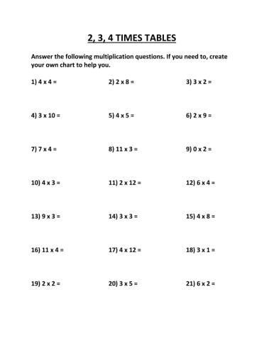 2,3,4 times tables
