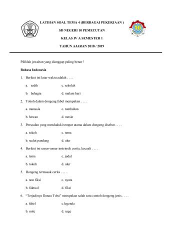 Latihan Soal Tema 4 Bahasa Indonesia
