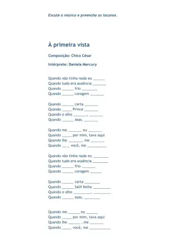 À primeira vista - Escute a música e complete