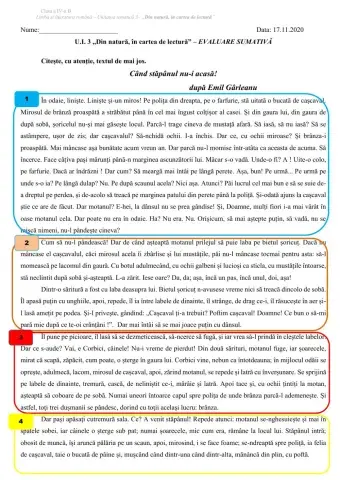 Evaluare U.I.3 ,,Din natură, în cartea de lectură”
