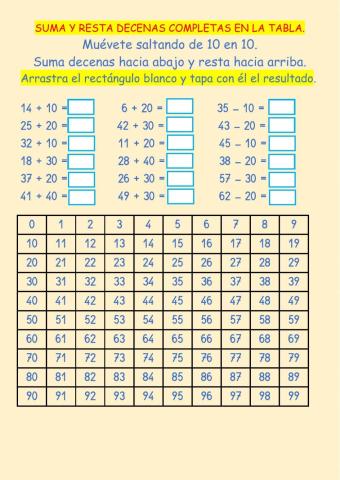 Suma y resta de decenas completas en la tabla