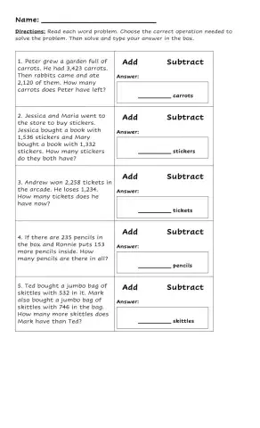 Word Problems: Addition and Subtraction without Regrouping-Renaming