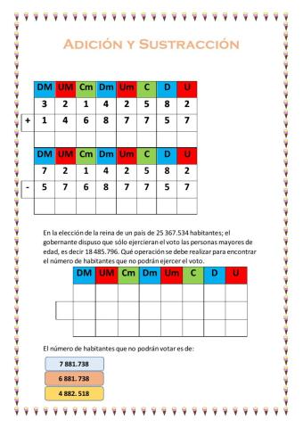 Adición y sustracción con números de 8 cifras