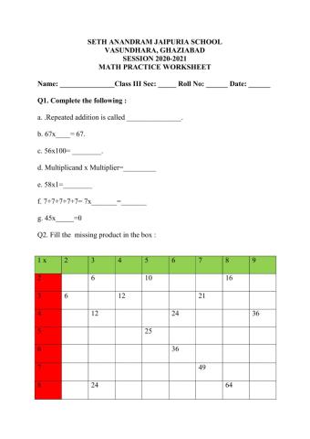 Enrichment worksheet for multiplication