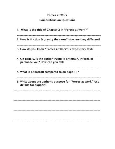 Forces at Work Comprehension Questions (blue)