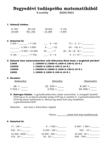Negyedévi tudáspróba 5.osztály