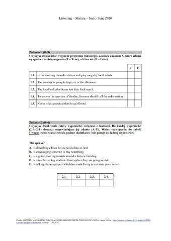 Listening - June2020 basic matura exam task1 and 2