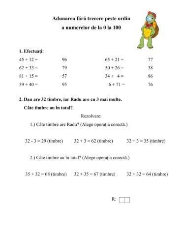 Adunarea numerelor fără trecere peste ordin 0-100