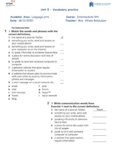 Vocabulary unit 5 9th