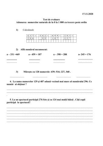 Evaluare  adunarea 0 1000 cu trecere peste ordin