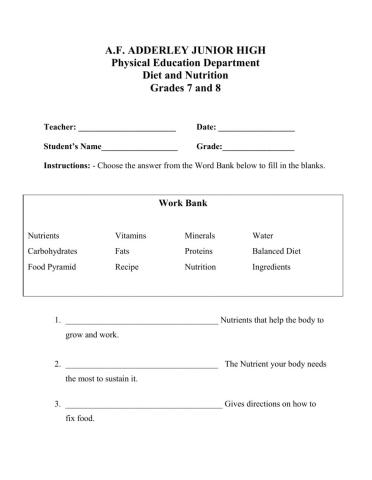 AFA  Physical Education Diet and Nutrition Worksheet