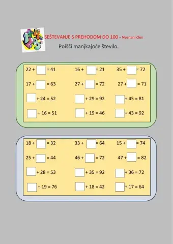 Seštevanje do 100-neznani člen