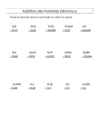 Addition de nombres décimaux