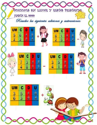 Resolvemos adiciones sin llevar y restas prestando hasta el 9999