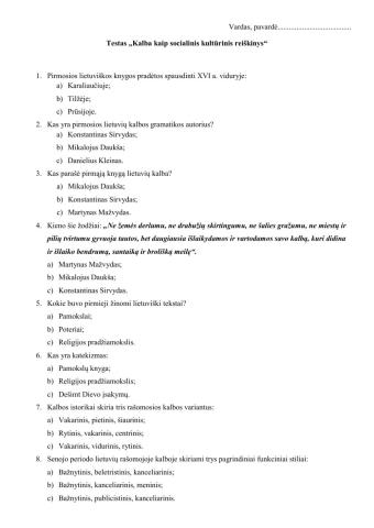 Testas iš skyriaus -Kalba kaip socialinis kultūrinis reiškinys-