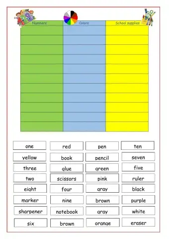 Numbers, colors, school supplies