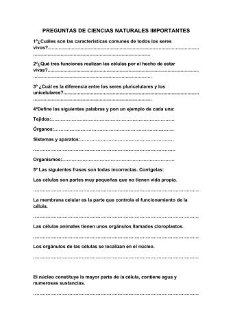 Preguntas sobre la organización de los seres vivos