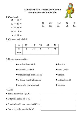 Adunarea numerelor fără trecere peste ordin 0-100