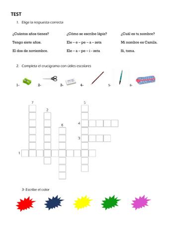 Test COLORES, NÚMEROS, LA CASA, ÚTILES, etc