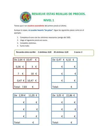 Escalera ascendente decimales con dinero