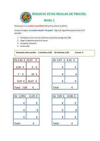 Escalera ascendente decimales con dinero