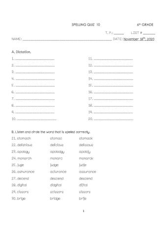 6 Spelling Quiz 10