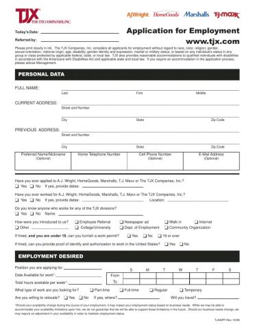 Marshalls TJ Maxx Home Goods Job Application