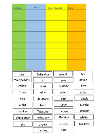 Numbers, colors, school supplies, days