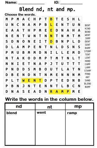 Consonant Blend nd, nt and mp.