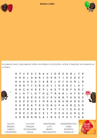 Vídeo e caça palavra consciência negra