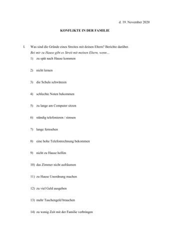 Konflikte in der Familie-Sätze mit -wenn-