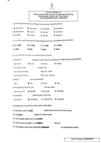Lớp 7-Kiểm tra 15' Unit 7,8,9