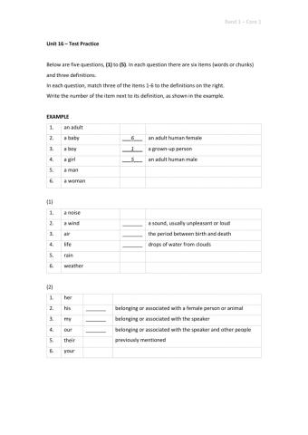 Band 1 (Core 1) - Unit 16 - Test