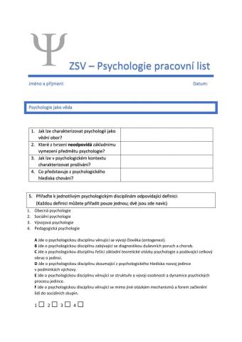 ZSV - Psychologie pracovní list
