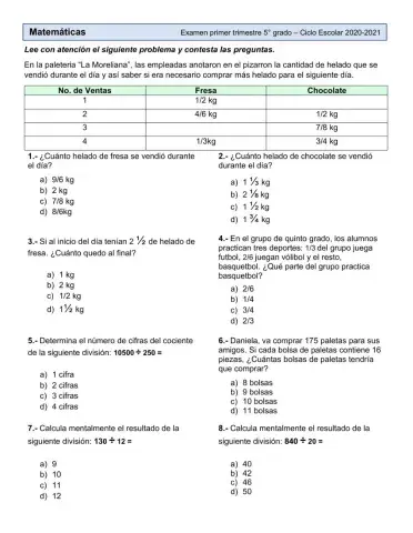 Examen de matemáticas primer trimestre