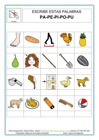 Escribe estas 20 palabras con PA PE PI PO PU