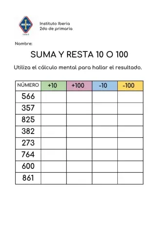 Cálculo Mental - Suma y resta 10 o 100