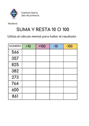 Cálculo Mental - Suma y resta 10 o 100