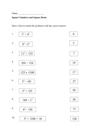 Square Numbers and Square Roots Matching