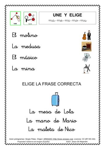 Une cada palabra el dibujo y elige la frase correcta.ma me mi mo mu